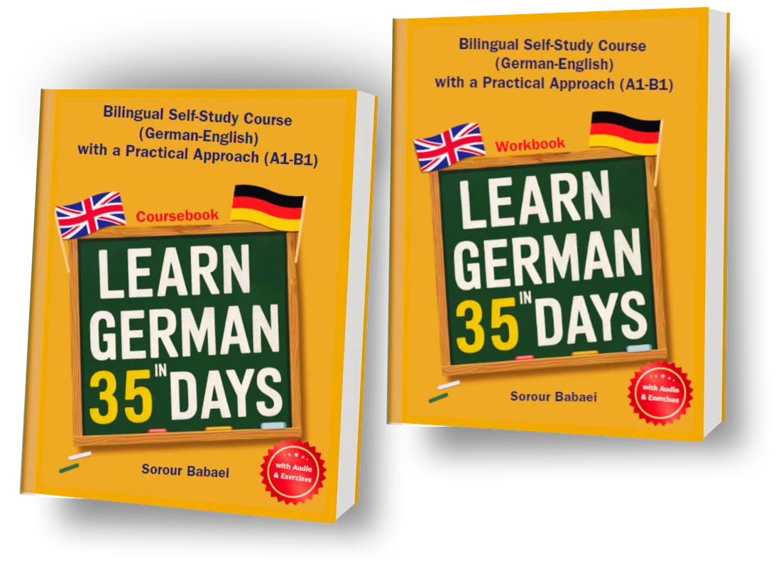 Die beiden Lernbücher „Learn German in 35 Days“ von WkD: Kursbuch und Übungsbuch, zweisprachig Deutsch-Englisch für die Niveaus A1 bis B1